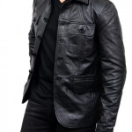 5-Button Men Lambskin Leather Blazer-Black