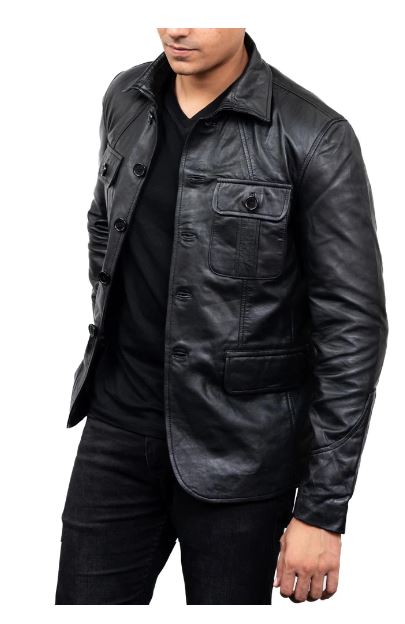 5-Button Men Lambskin Leather Blazer-Black