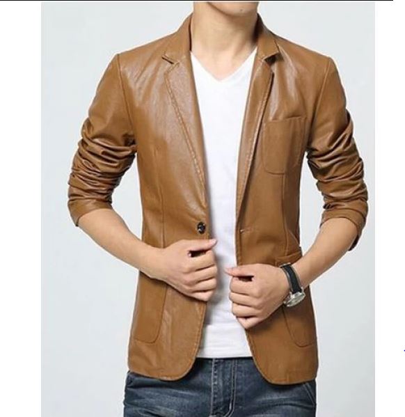 Brown Leather Blazer Coat For Men In Faux