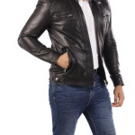 Men's Casual Signature Diamond Lambskin Leather Jacket-Black