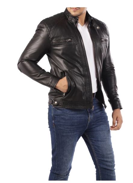 Men's Casual Signature Diamond Lambskin Leather Jacket-Black