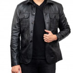 5-Button Men Lambskin Leather Blazer-Black