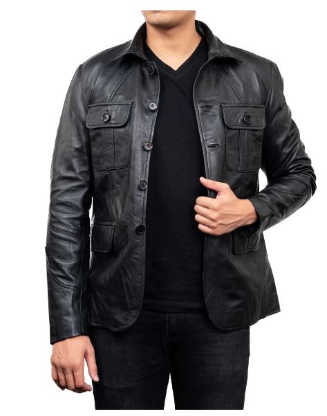 5-Button Men Lambskin Leather Blazer-Black