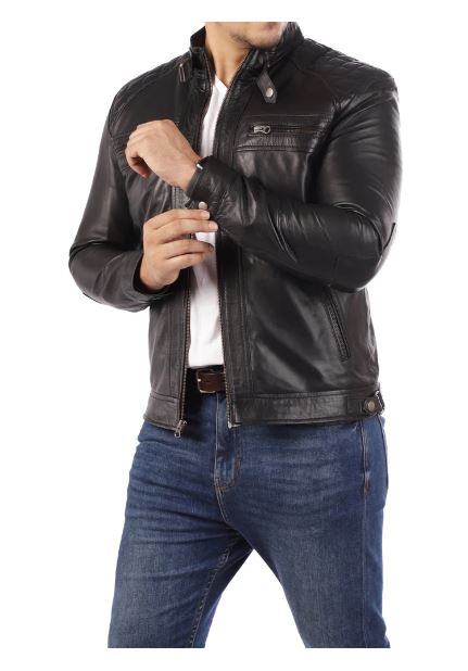 Men's Casual Signature Diamond Lambskin Leather Jacket-Black