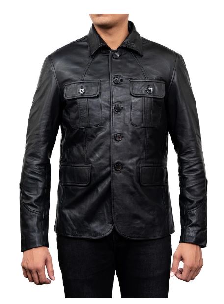 5-Button Men Lambskin Leather Blazer-Black