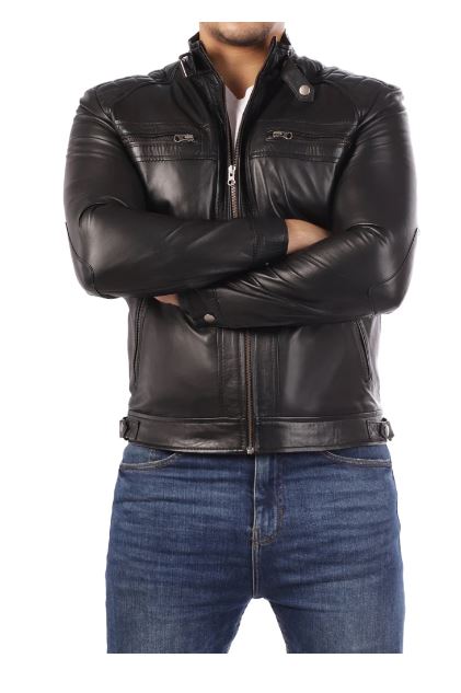 Men's Casual Signature Diamond Lambskin Leather Jacket-Black