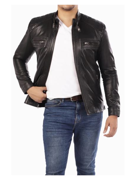 Men's Casual Signature Diamond Lambskin Leather Jacket-Black